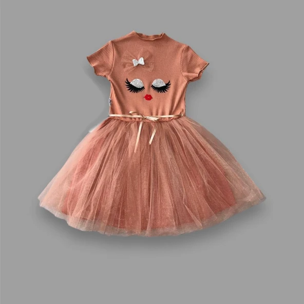 5-6-7 Yaş Payetli Süslü Yüz Baskılı Kız Çocuk Elbisesi - Resim 2