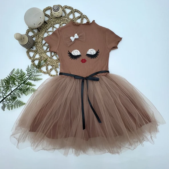 5-6-7 Yaş Payetli Süslü Yüz Baskılı Kız Çocuk Elbisesi ürün görseli 1