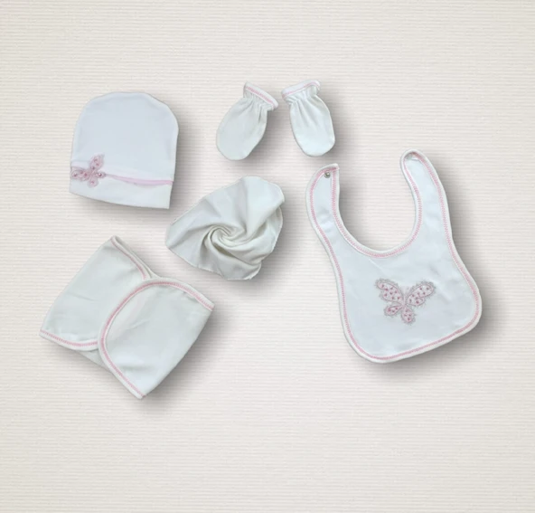 Uçan Kelebekler Nakışlı %100 Cotton Antibakteriyel 10lu Zıbın Takımı Hastane Çıkışı - Resim 2