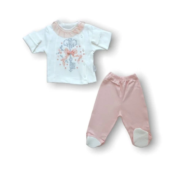 Kanaviçe Nakışlı %100 Cotton Antibakteriyel 5li Zıbın Takımı Hastane Çıkışı - Resim 2