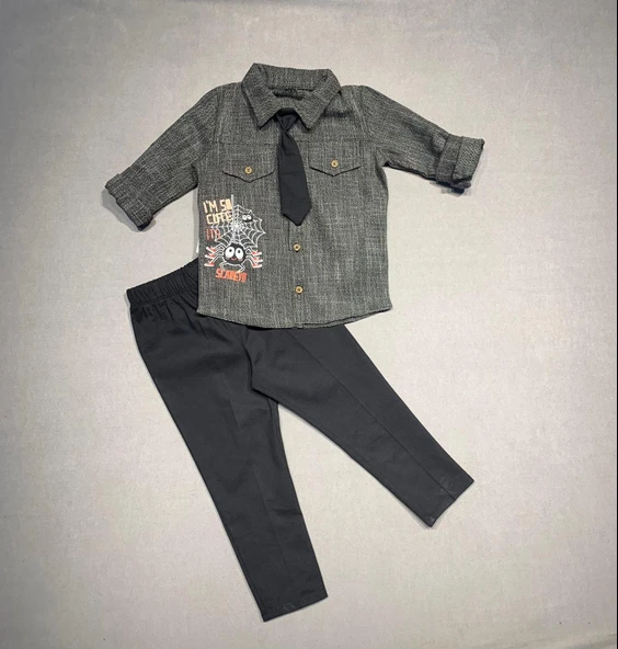 3-4-5 Yaş Kravatlı Keten Gömlek Gabardin Pantolon Uzun Kollu 3lü Erkek Çocuk Takımı - 2