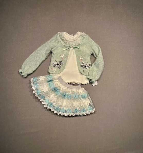 1-2-3 Yaş Brode Etekli Örme Hırkalı Uzun Kollu Sweat 3lü Kız Çocuk Takımı ürün görseli 1