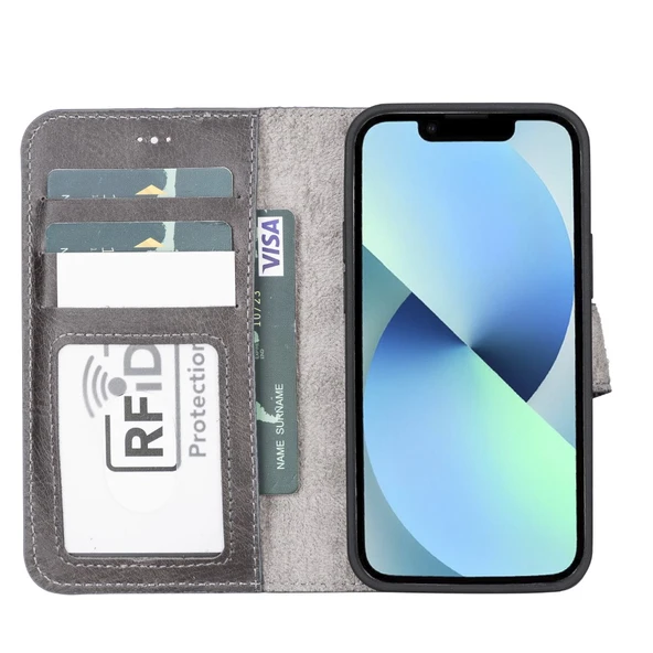 Apple iPhone 13 Mini Uyumlu Deri Cüzdanlı Kılıf MWWN TN1 Gri - Resim 2