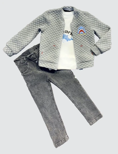 4-5-6 Yaş Kot Pantolonlu Pilot Mont Uzun Kollu Penye Sweat 3lü Erkek Çocuk Takımı ürün görseli 1