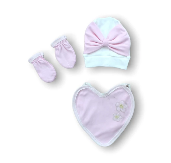 Baharın Çiçekli Kalbi Nakışlı %100 Cotton Antibakteriyel 5li Zıbın Takımı Hastane Çıkışı - Resim 3