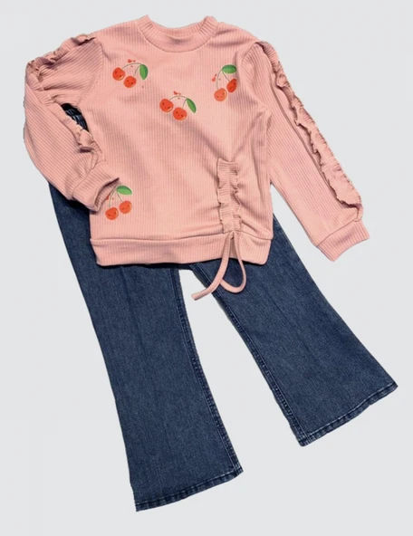 4-5-6 Yaş Kot Pantolonlu Kiraz Desenli Penye Sweat Uzun Kollu 2li Kız Çocuk Takımı ürün görseli 1