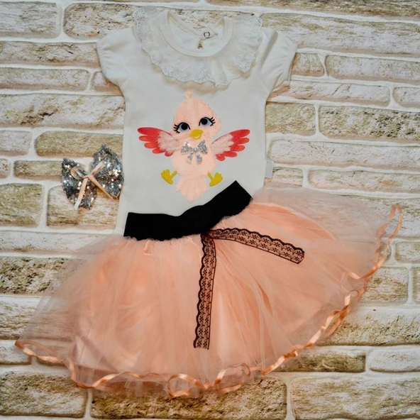 9-12-18 Ay Toka Hediyeli Kuş Desenli Tişört Tütü Etek 2li Kız Bebek Takımı ürün görseli 1