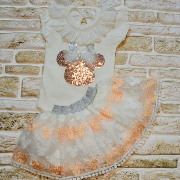 1-2-3 Yaş Payetli Mickey Nakışlı  Kısa Kollu Brode Etekli 2li Kız Bebek Takımı ürün görseli 1