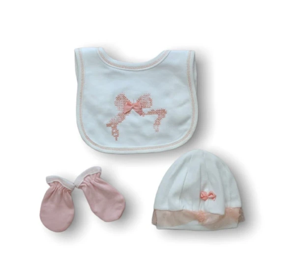 Kanaviçe Nakışlı %100 Cotton Antibakteriyel 5li Zıbın Takımı Hastane Çıkışı - Resim 3