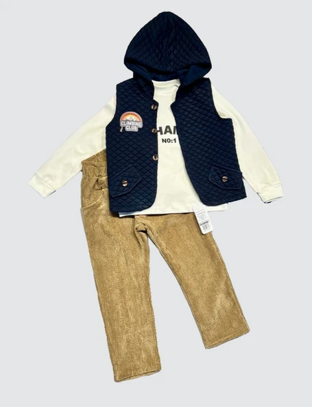 3-4-5 Yaş Fitilli Kadife Pantolon Kapitone Kapşonlu Yelek Uzun Kollu Sweat 3lü Erkek Çocuk Takımı - 3
