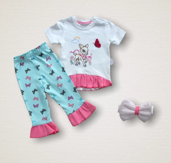 6-9 9-12 12-18 Ay Ceylanın Rüyası Baskılı Bandanalı Kısa Kollu Sweat 3lü Kız Bebek Takımı ürün görseli 1