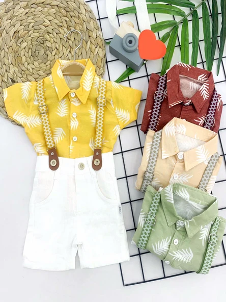 9-12-18-24 Ay Pamuk Keten Kumaş Hawai Gömlek Lastik Askılı 2li Erkek Bebek Takımı - 2