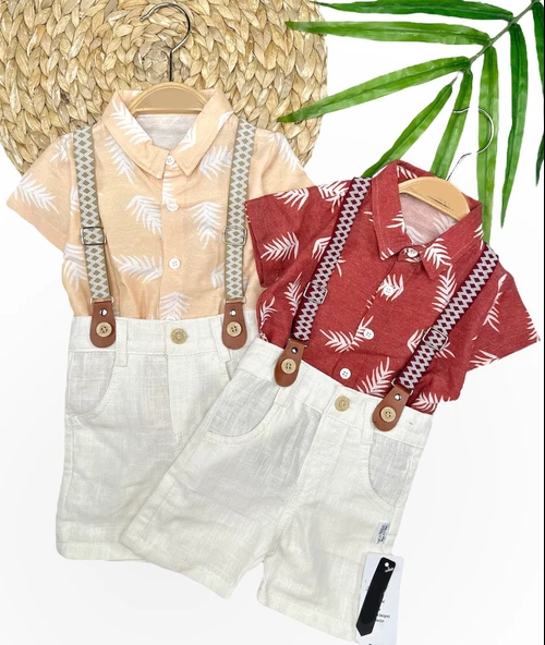 9-12-18-24 Ay Pamuk Keten Kumaş Hawai Gömlek Lastik Askılı 2li Erkek Bebek Takımı