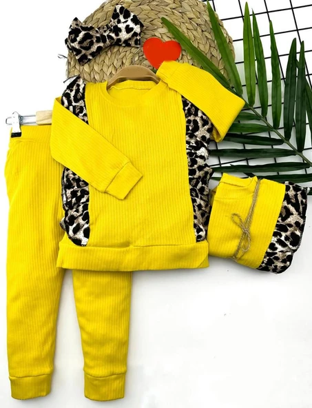 2-3-4-5 Yaş Bandanalı Leopar Baskılı Uzun Kollu 2li Kız Çocuk Takımı ürün görseli 1