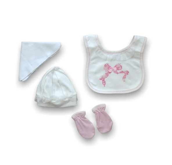 Kanaviçe Nakışlı %100 Cotton Antibakteriyel 5li Zıbın Takımı Hastane Çıkışı - Resim 2