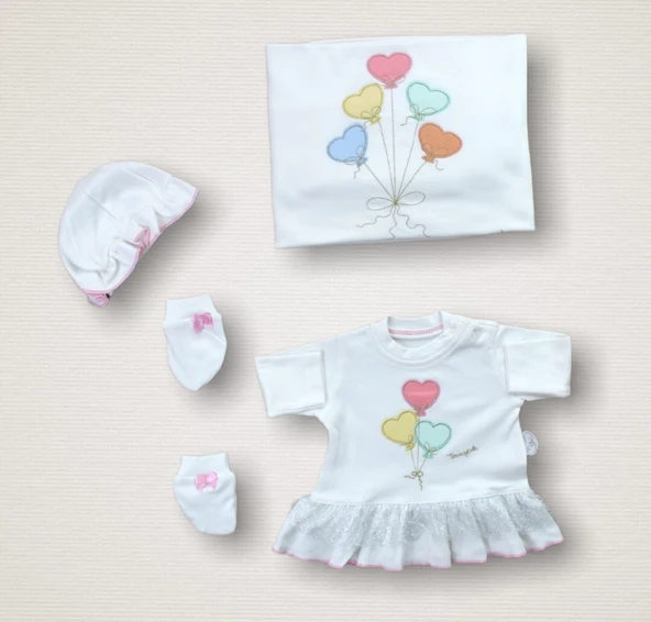 Kalpli Uçan Balon Nakışlı %100 Cotton Antibakteriyel 10lu Zıbın Takımı Hastane Çıkışı - Resim 2