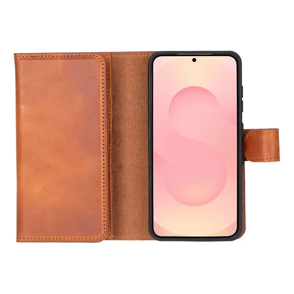 Samsung Galaxy S25 uyumlu, Hakiki Deri, El Yapımı, Cüzdanlı Kılıf, Gölgeli Kahve - Resim 2