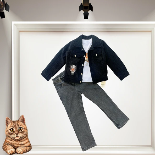 3-4-5 Yaş Fitilli Kadife Ceket Kot Pantolonlu 3lü Kız Erkek Çocuk Takımı ürün görseli 1