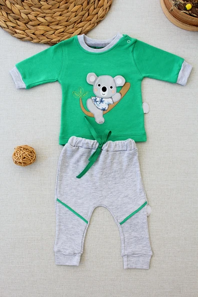 3-6 6-9 9-12 12-18 Ay Yavru Koala Nakışlı Uzun Kollu Sweat 2li Kız Erkek Bebek Takımı - 1