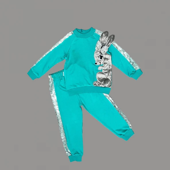 1-2-3 Yaş Payetli Pelüş Tavşan Desenli Likra Penye Kumaş Sweat Pantolonlu Kız 2li Çocuk Takımı ürün görseli 1