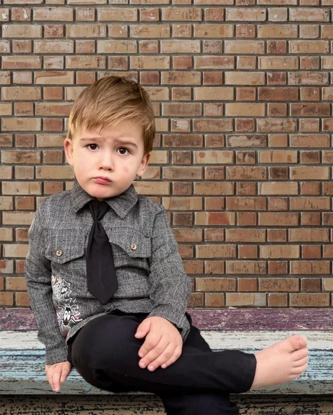 3-4-5 Yaş Kravatlı Keten Gömlek Gabardin Pantolon Uzun Kollu 3lü Erkek Çocuk Takımı - 3