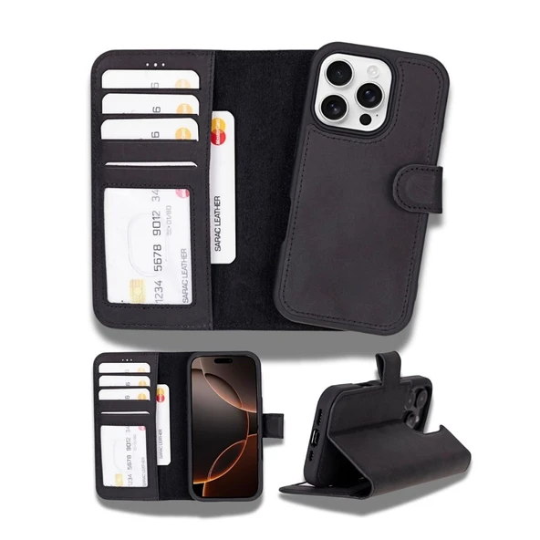 Apple iPhone 16 Pro uyumlu, Hakiki Deri, El Yapımı, Cüzdanlı Kılıf, Mat Siyah ürün görseli 1