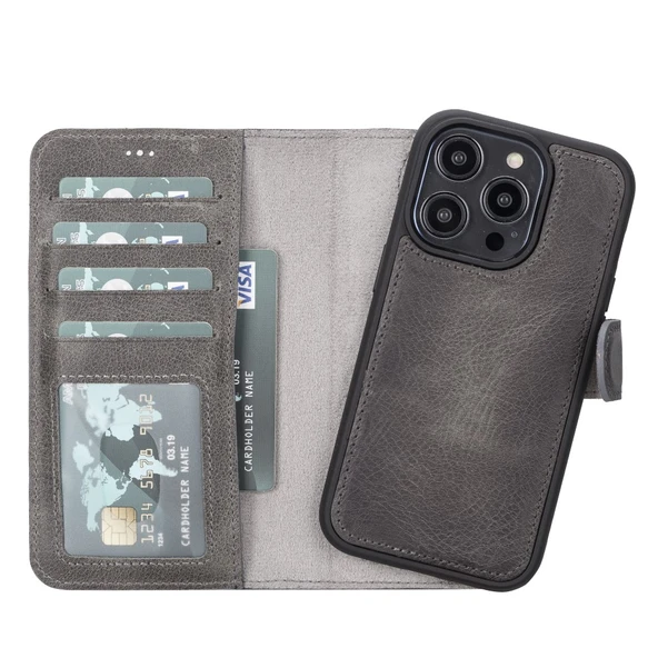 Apple iPhone 14 Pro Uyumlu Deri Cüzdanlı Kılıf MWWN VS4EF Gri ürün görseli 1