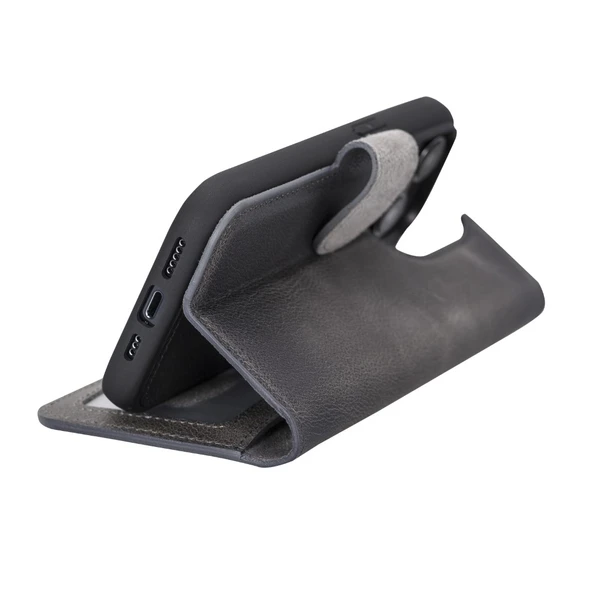 Apple iPhone 14 Pro Uyumlu Deri Cüzdanlı Kılıf MWWN VS4EF Gri - Resim 2