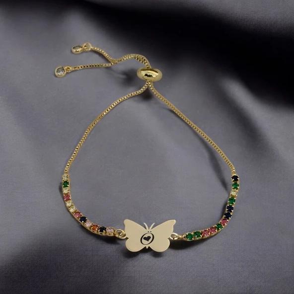 Harfe Özel 14 Ayar Altın Plakalı Kelebek Motifli Zincirli Renkli Taşlı Hediye Bileklik-340 - Resim 2