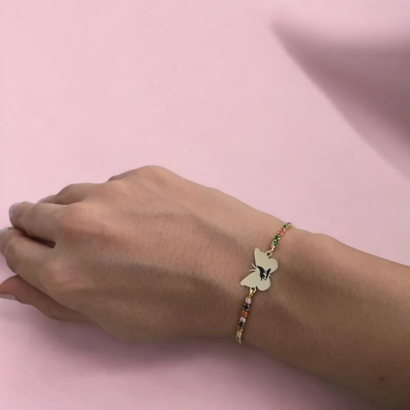 Sembole Özel Zincirli Renkli Taşlı 14 Ayar Altın Plakalı Kelebek Motifli Hediye Bileklik-340 ürün görseli