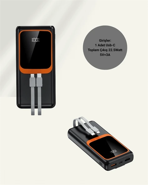 Taşınabilir Şarj Cihazı 20000 mAh | 22.5W Hızlı Şarj + Dijital Ekran + Kablo Dahil - 5