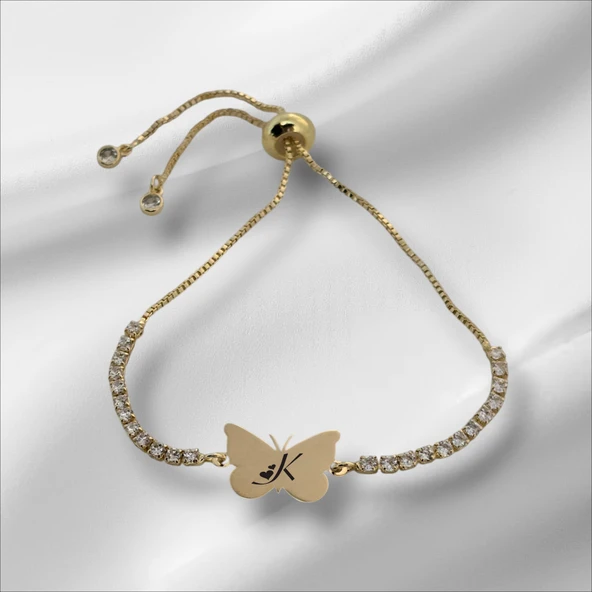Harfe Özel 14 Ayar Altın Plakalı Kelebek Figürlü Zincirli Beyaz Taş Desenli Hediye Bileklik-342 ürün görseli