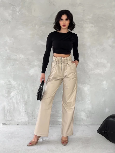 BİÇOMİ Kendinden ince kemerli deri pantolon bej t1178 ürün görseli