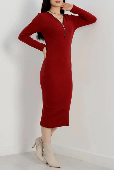 BİÇOMİ Fermuar detaylı fitilli şardonlu elbise bordo a3178 - Resim 3