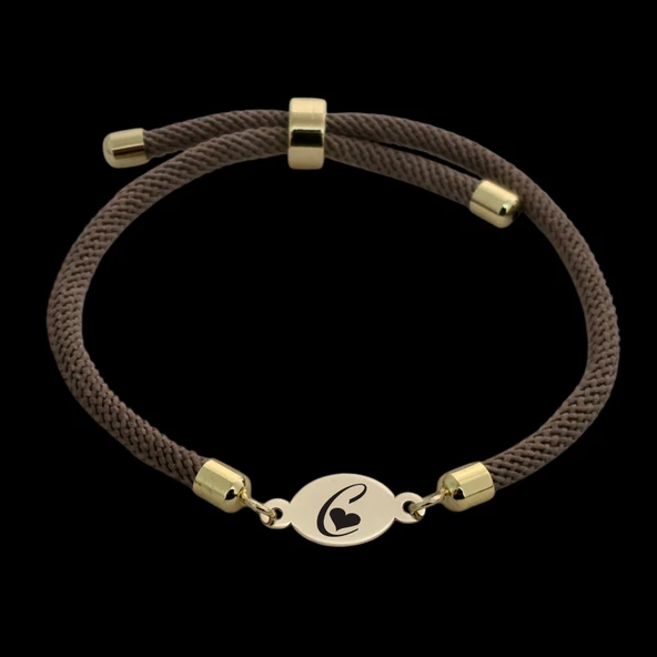 Harfe Özel 14 Ayar Altın Plakalı Oval Figürlü Kahverengi Örgü İpli Hediye Bileklik-341 - Resim 2