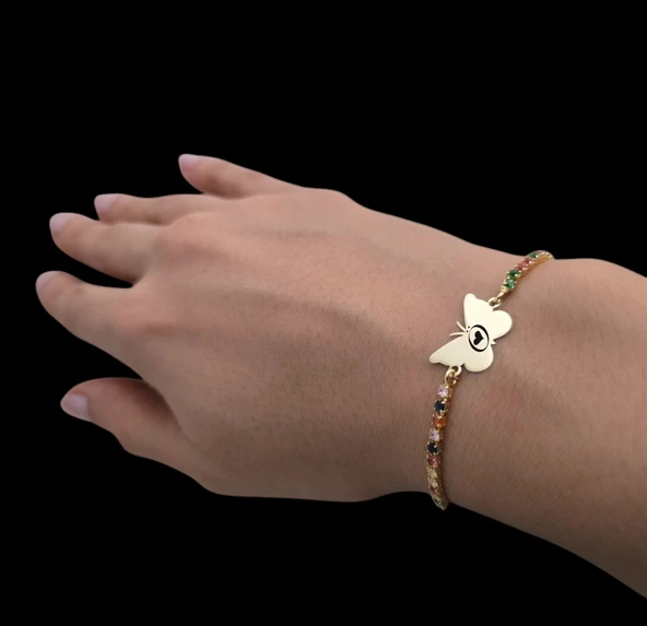 Harfe Özel 14 Ayar Altın Plakalı Kelebek Motifli Zincirli Renkli Taşlı Hediye Bileklik-340 ürün görseli
