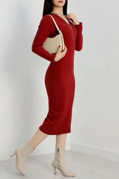 BİÇOMİ Fermuar detaylı fitilli şardonlu elbise bordo a3178 - Resim 5