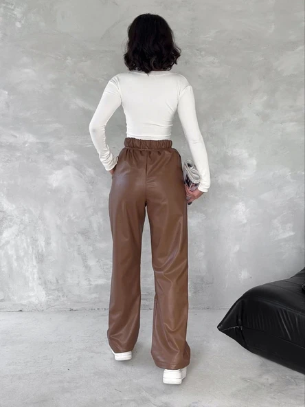 BİÇOMİ Kendinden ince kemerli deri pantolon kahve t1178 - Resim 4