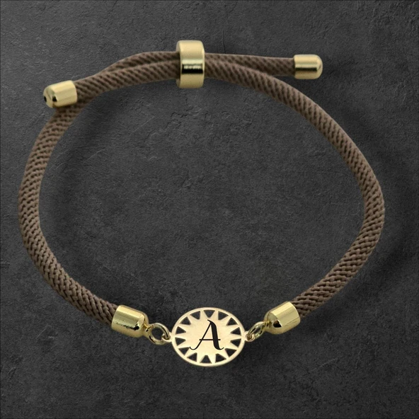 Harfe Özel 14 Ayar Altın Plakalı Güneş Figürlü Kahverengi İpek Örgülü Hediye Bileklik-338 ürün görseli