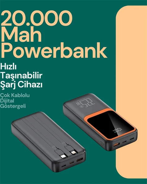Taşınabilir Şarj Cihazı 20000 mAh | 22.5W Hızlı Şarj + Dijital Ekran + Kablo Dahil - 2