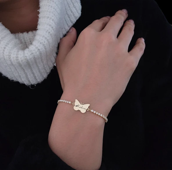 İsme Özel Kelebek Figürlü Zincirli Beyaz Taş Desenli 14 Ayar Altın Plakalı Hediye Bileklik-342 - Resim 2