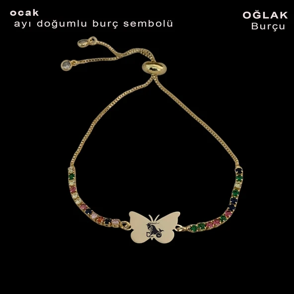 Burca Özel Kelebek Motifli Zincirli Renkli Taşlı 14 Ayar Altın Plakalı Hediye Bileklik-340 - Resim 2