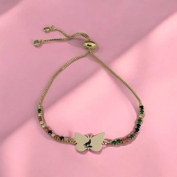 Sembole Özel Zincirli Renkli Taşlı 14 Ayar Altın Plakalı Kelebek Motifli Hediye Bileklik-340 - Resim 2