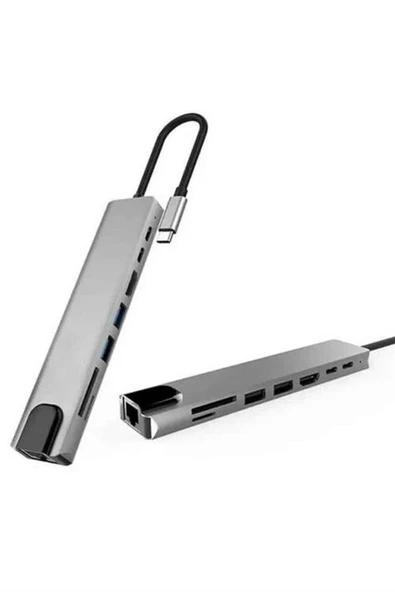 8 Portlu Macbook Çevirici Type C Hub  SD TF USB Çoğaltıcı Ethernet - 5