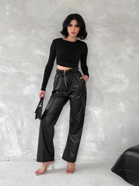 BİÇOMİ Kendinden ince kemerli deri pantolon siyah t1178 - Resim 7