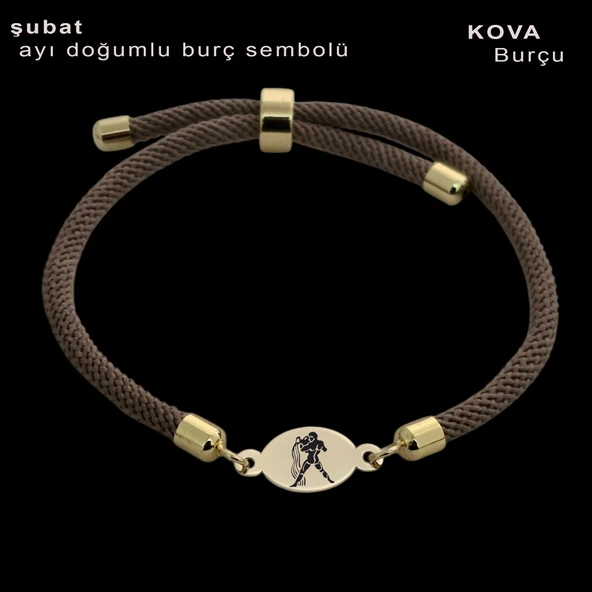 Burca Özel Oval Figürlü Kahverengi Örgü İpli 14 Ayar Altın Plakalı Hediye Bileklik-341 - Resim 2