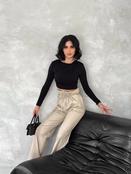 BİÇOMİ Kendinden ince kemerli deri pantolon bej t1178 - Resim 4