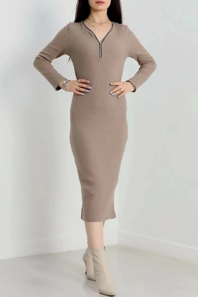 BİÇOMİ Fermuar detaylı fitilli şardonlu elbise bej a3178 ürün görseli