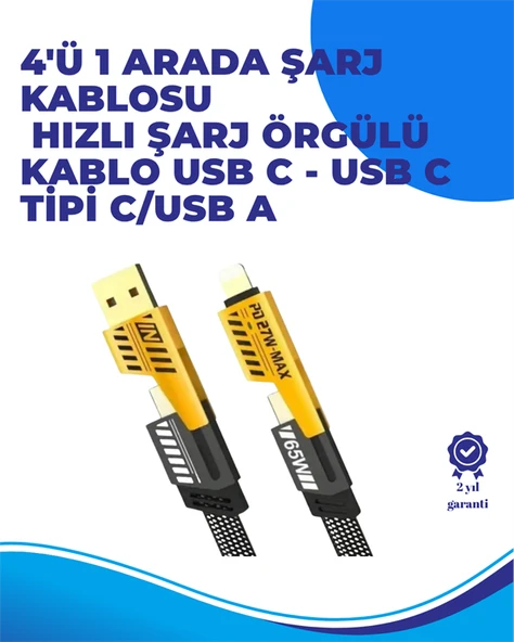 65W 4'ü 1 Arada Çoklu Şarj Kablosu – USB-C, USB-A, Lightning, Veri ve Şarj Desteği