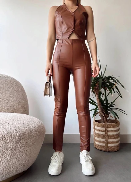 BİÇOMİ İki düğmeli deri yelek kahve s243001 - 2